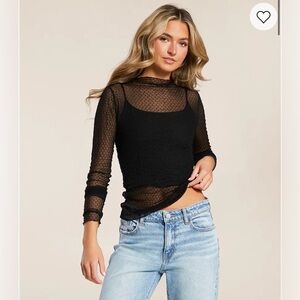 Free People Black Sheer Lace Long Sleeve Top